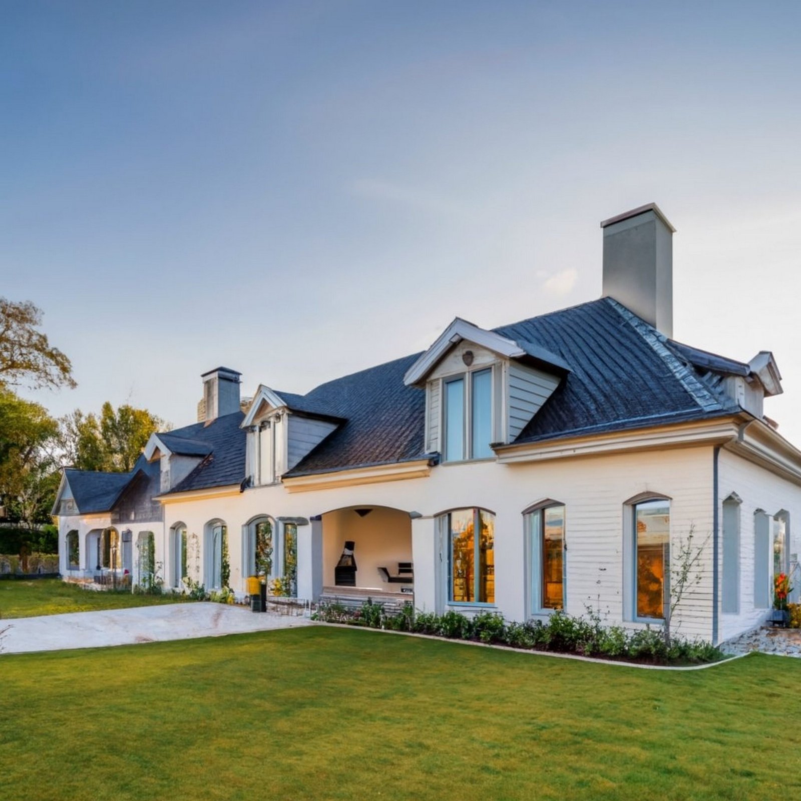 Traditional Indian village house surrounded by green grass and beatiful cloudy blue sky. Village landscape.